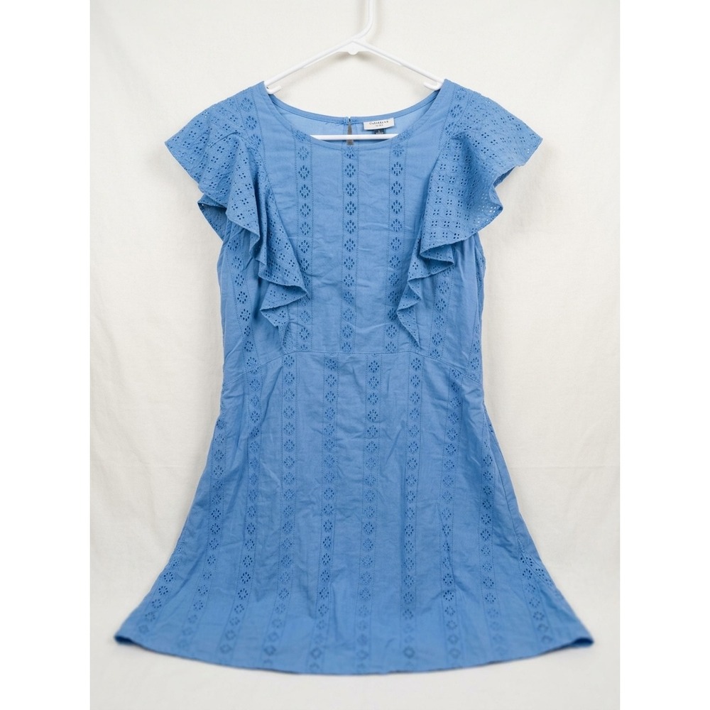 Cabana Life Eyelet Flutter Sleeve Dress Women Large Blue Mini Ruffle Cotton